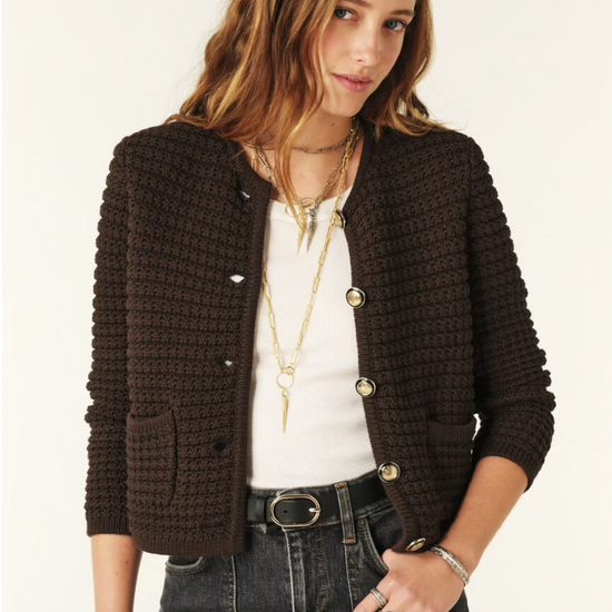 brown knitted short cardigan with gold buttons and 2 front pockets