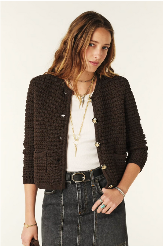 brown knitted short cardigan with gold buttons and 2 front pockets