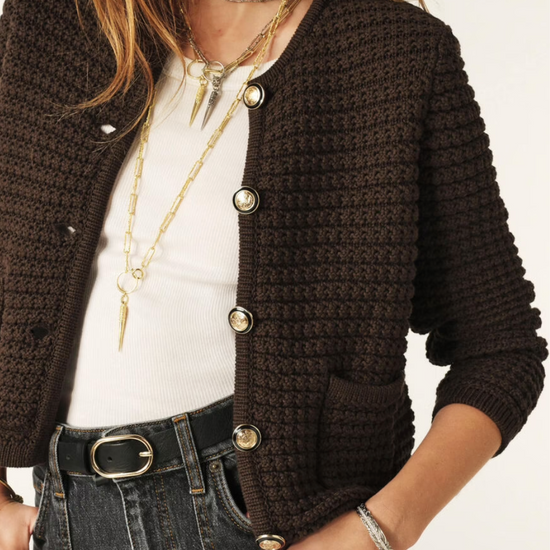 brown knitted short cardigan with gold buttons and 2 front pockets close up