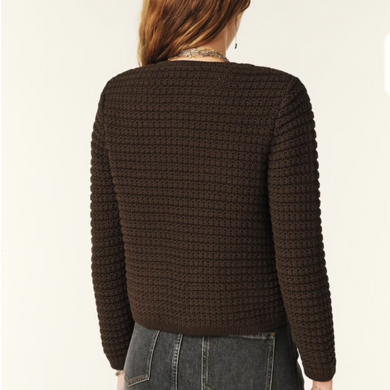 brown knitted short cardigan with gold buttons and 2 front pockets rear view 