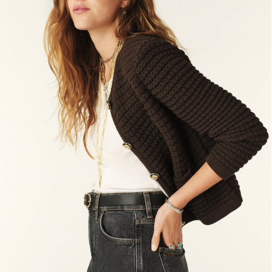 brown knitted short cardigan with gold buttons and 2 front pockets side view