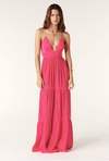 Fuchsia pink maxi dress with a deep v neckline and spaghetti straps that lace up the back