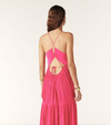 Fuchsia pink maxi dress with a deep v neckline and spaghetti straps that lace up the back