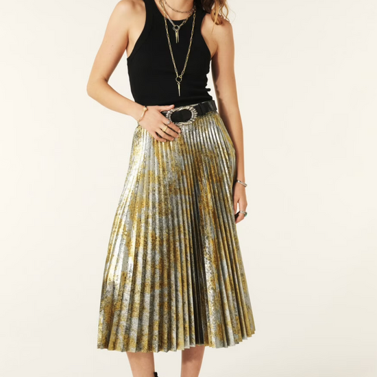 gold and silver speckled pleated midi skirt model shot