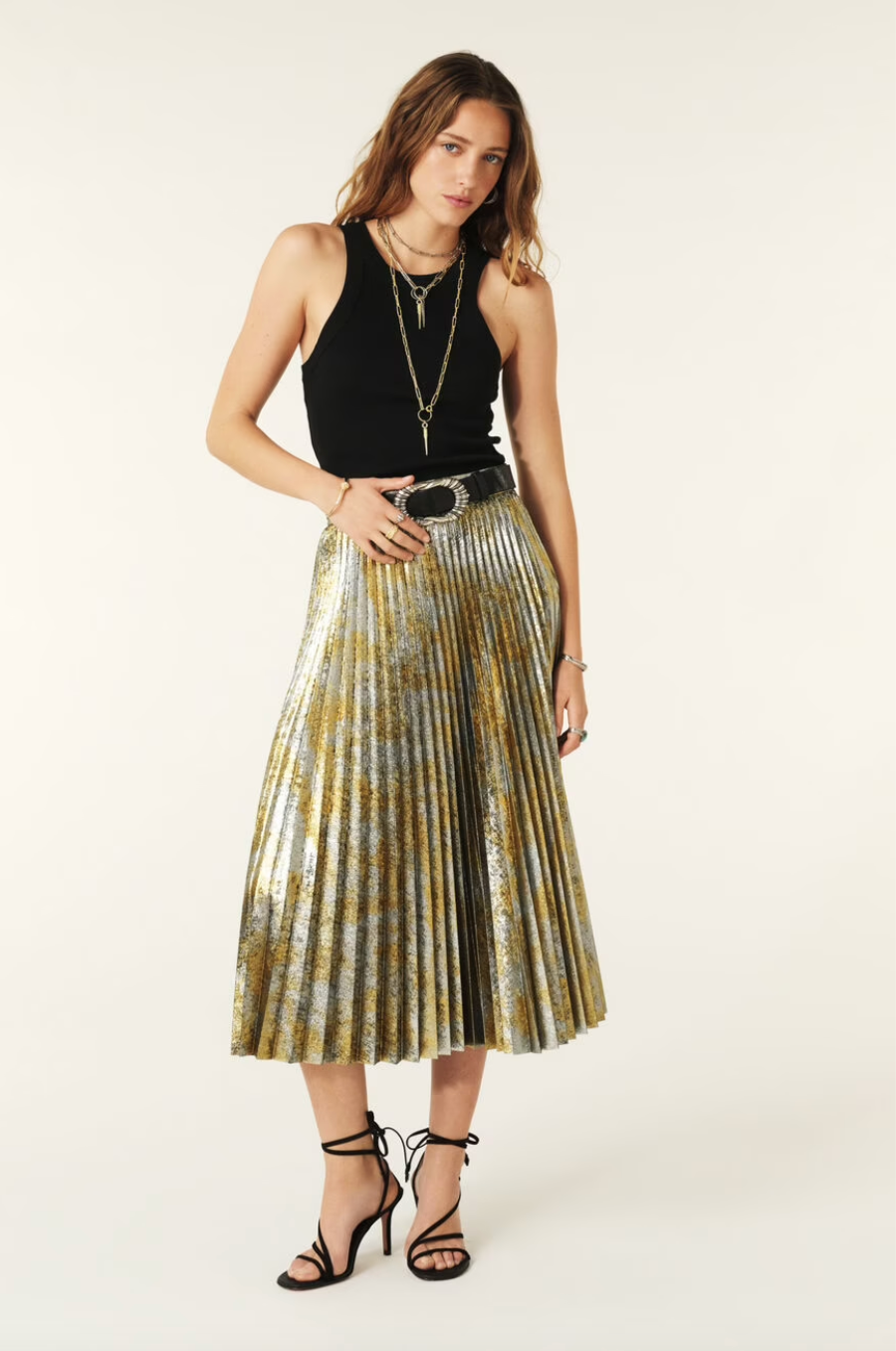 gold and silver speckled pleated midi skirt model shot