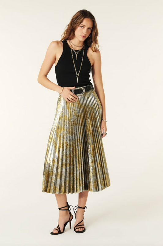 gold and silver speckled pleated midi skirt model shot