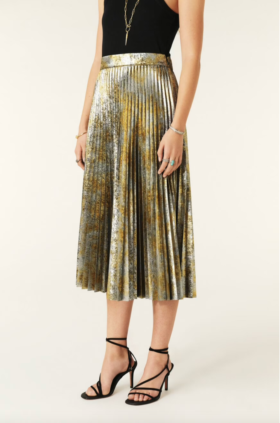 gold and silver speckled pleated midi skirt