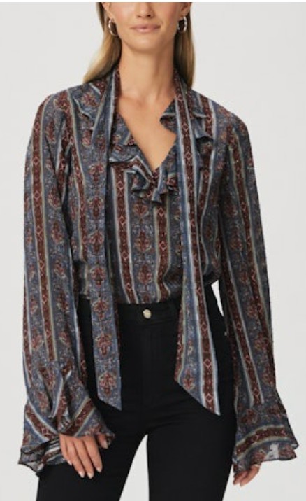 vintage spired paisley print blouse with ruffled v neckline and cuffs