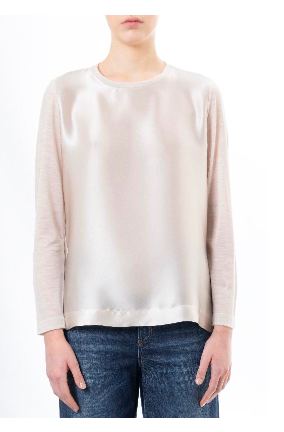 Cream silky shirt with round neck and jersey sleeves