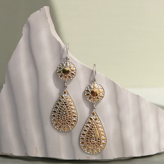 Double drop earrings in gold and silver