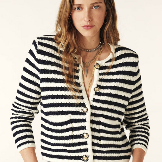 navy and white stripe structured knitted cardigan