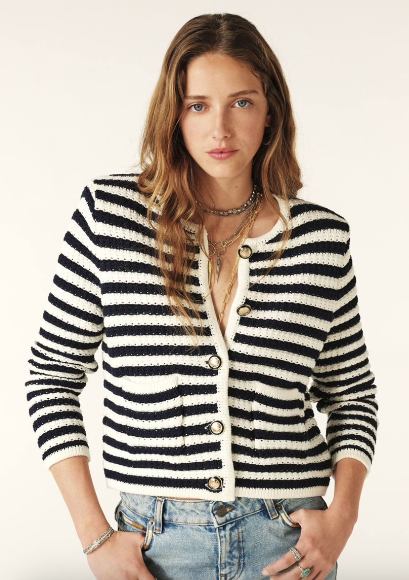 navy and white stripe structured knitted cardigan