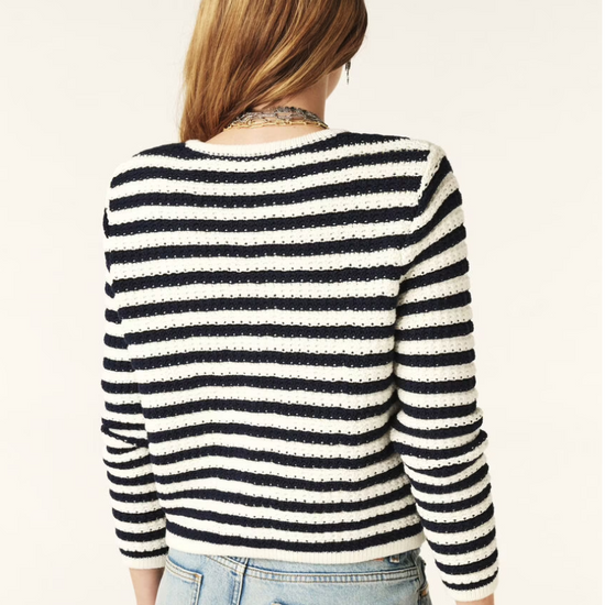 navy and white stripe structured knitted cardigan rear view