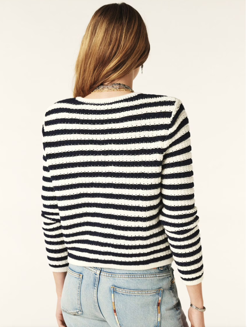 navy and white stripe structured knitted cardigan rear view