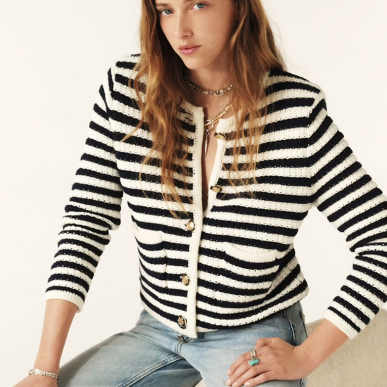 navy and white stripe structured knitted cardigan