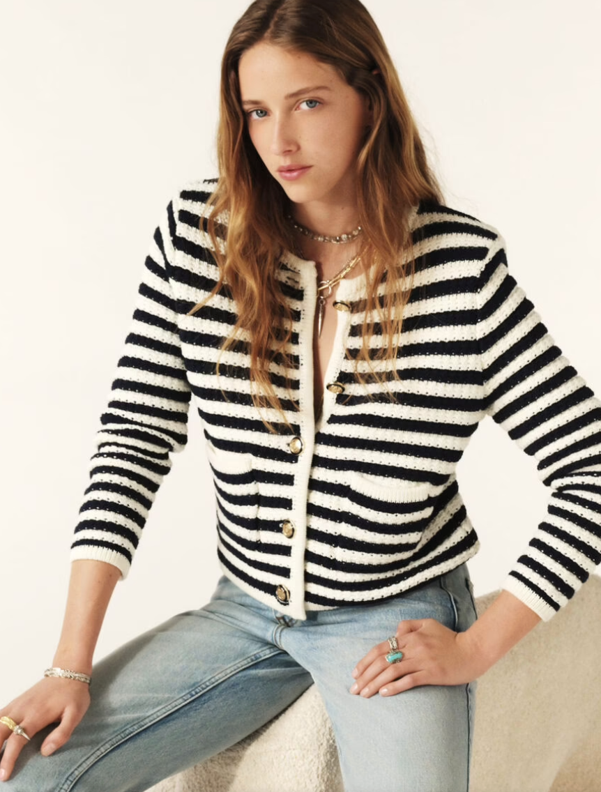 navy and white stripe structured knitted cardigan