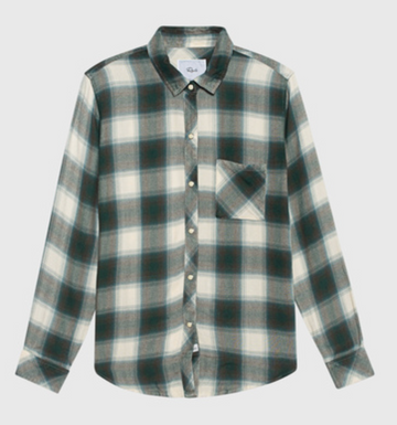 Green and ecru plaid shirt with push stud fastenings