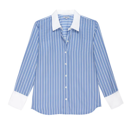 Pale blue and white stripe shirt with white collar and cuffs