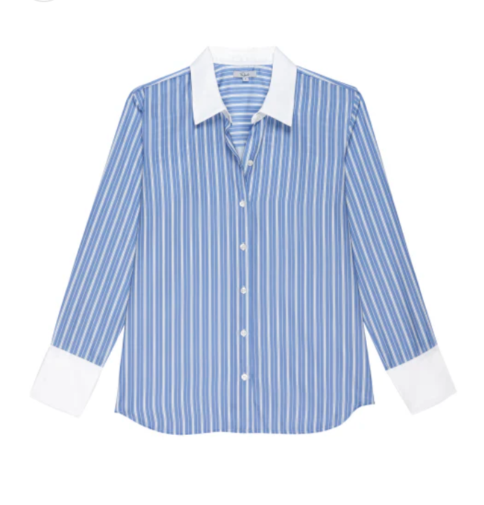 Pale blue and white stripe shirt with white collar and cuffs