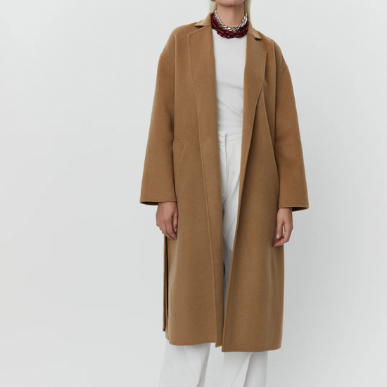 camel coat with belt and side slits