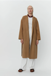 camel coat with belt and side slits