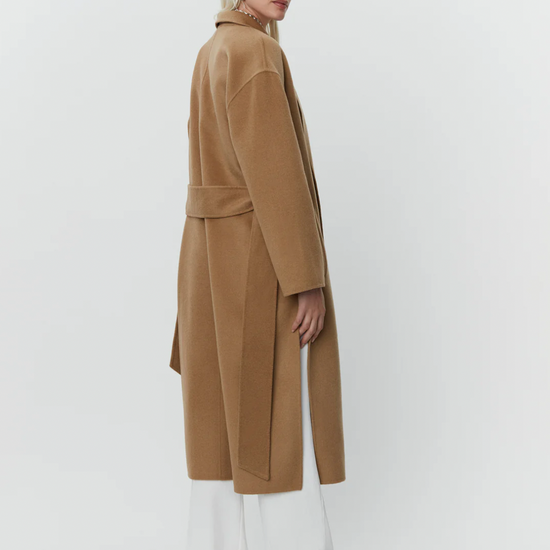 camel coat with belt and side slits rear view