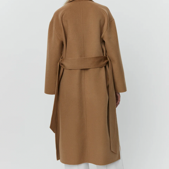 camel coat with belt and side slits rear view 