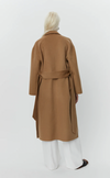 camel coat with belt and side slits rear view 