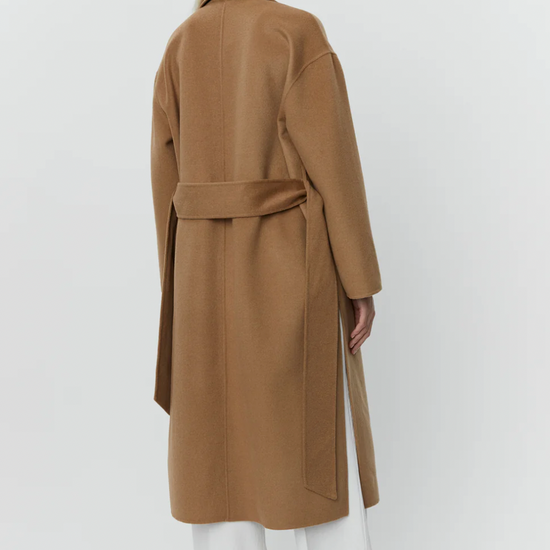 camel coat with belt and side slits rear view 