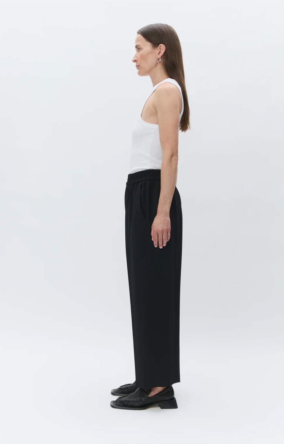 black cropped trousers with elasticated waist side view