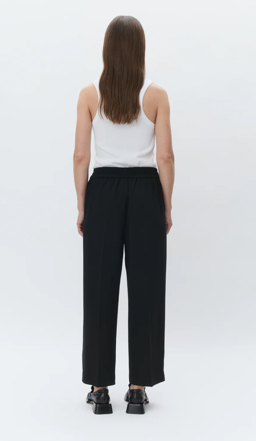 black cropped trousers with elasticated waist rear view