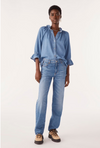 blue denim shirt with ruffled neck and cuffs