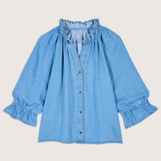 blue denim shirt with ruffled neck and cuffs