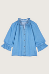 blue denim shirt with ruffled neck and cuffs