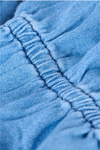 blue denim shirt with ruffled neck and cuffs close up of fabric