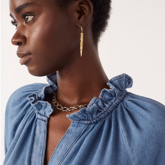 blue denim shirt with ruffled neck and cuffs close up