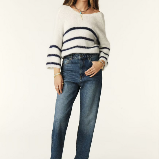 round neck and low back ecru jumper with navy stripe