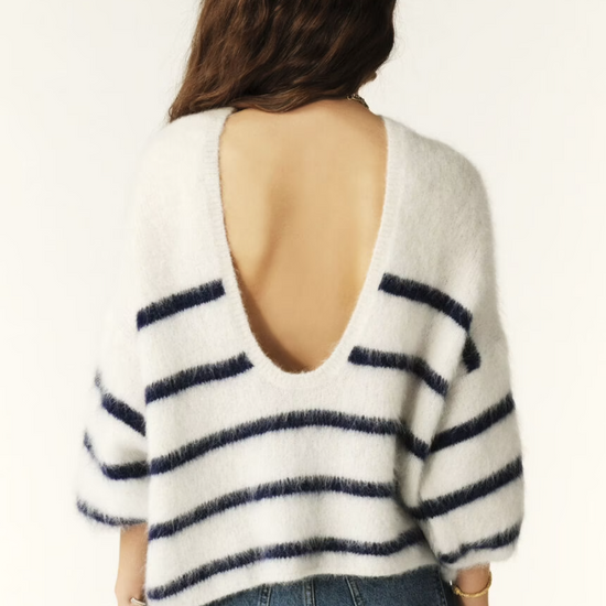 round neck and low back ecru jumper with navy stripe rear view