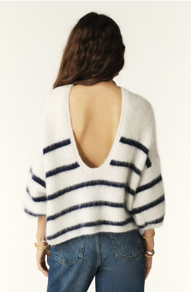 round neck and low back ecru jumper with navy stripe rear view