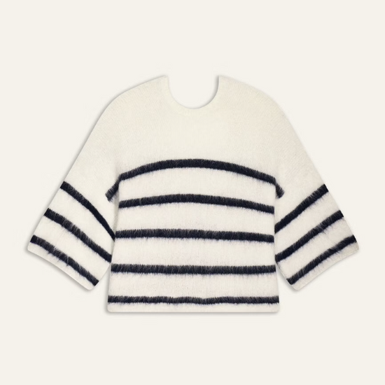 round neck and low back ecru jumper with navy stripe