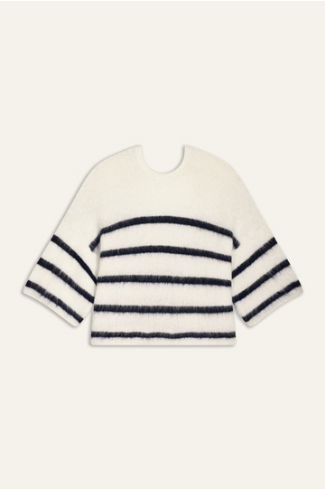 round neck and low back ecru jumper with navy stripe