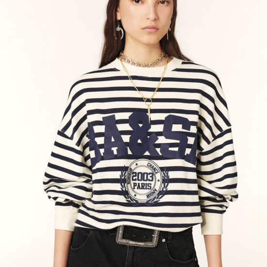 Navy and white striped sweatshirt with a blue decal on the front