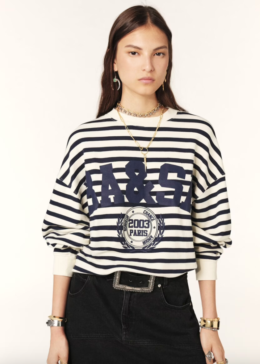 Navy and white striped sweatshirt with a blue decal on the front