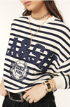 Navy and white striped sweatshirt with a blue decal on the front close up of front