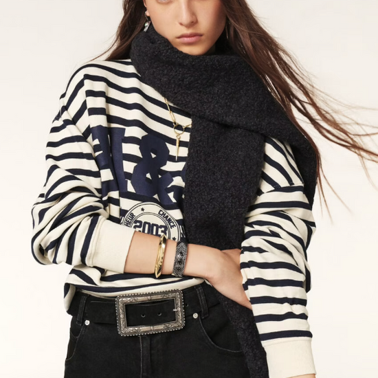 Navy and white striped sweatshirt with a blue decal on the front model shot