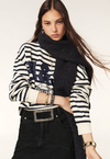 Navy and white striped sweatshirt with a blue decal on the front model shot