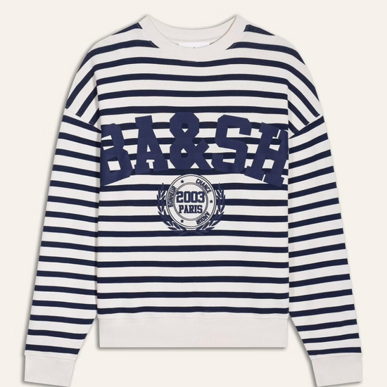 Navy and white striped sweatshirt with a blue decal on the front