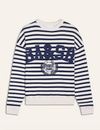 Navy and white striped sweatshirt with a blue decal on the front