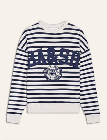 Navy and white striped sweatshirt with a blue decal on the front