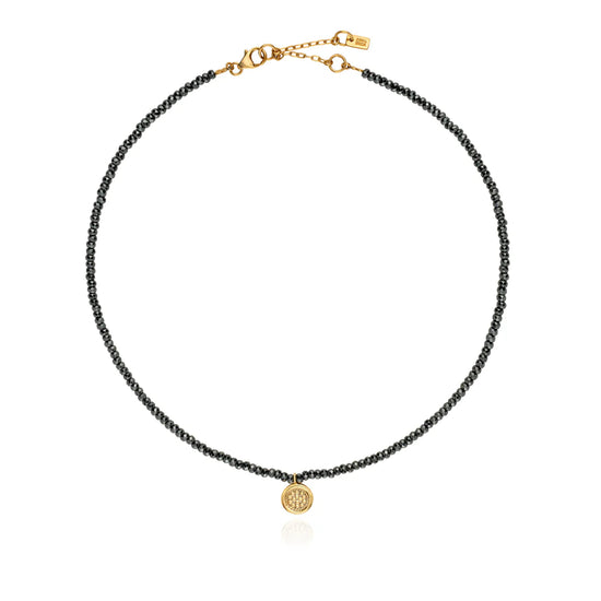 Hematite beaded necklace with gold charm